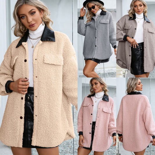 Manteau Long en PU à Col Revers, Boutonnage Simple et Doublure Peluche