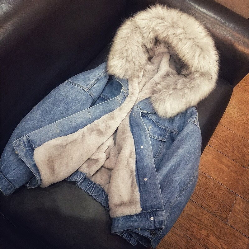 Veste Femme Chaude en Denim - Manteau Hiver à Capuche, Bomber Parka Grande Taille