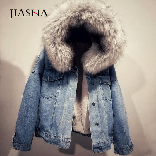 Veste Femme Chaude en Denim - Manteau Hiver à Capuche, Bomber Parka Grande Taille