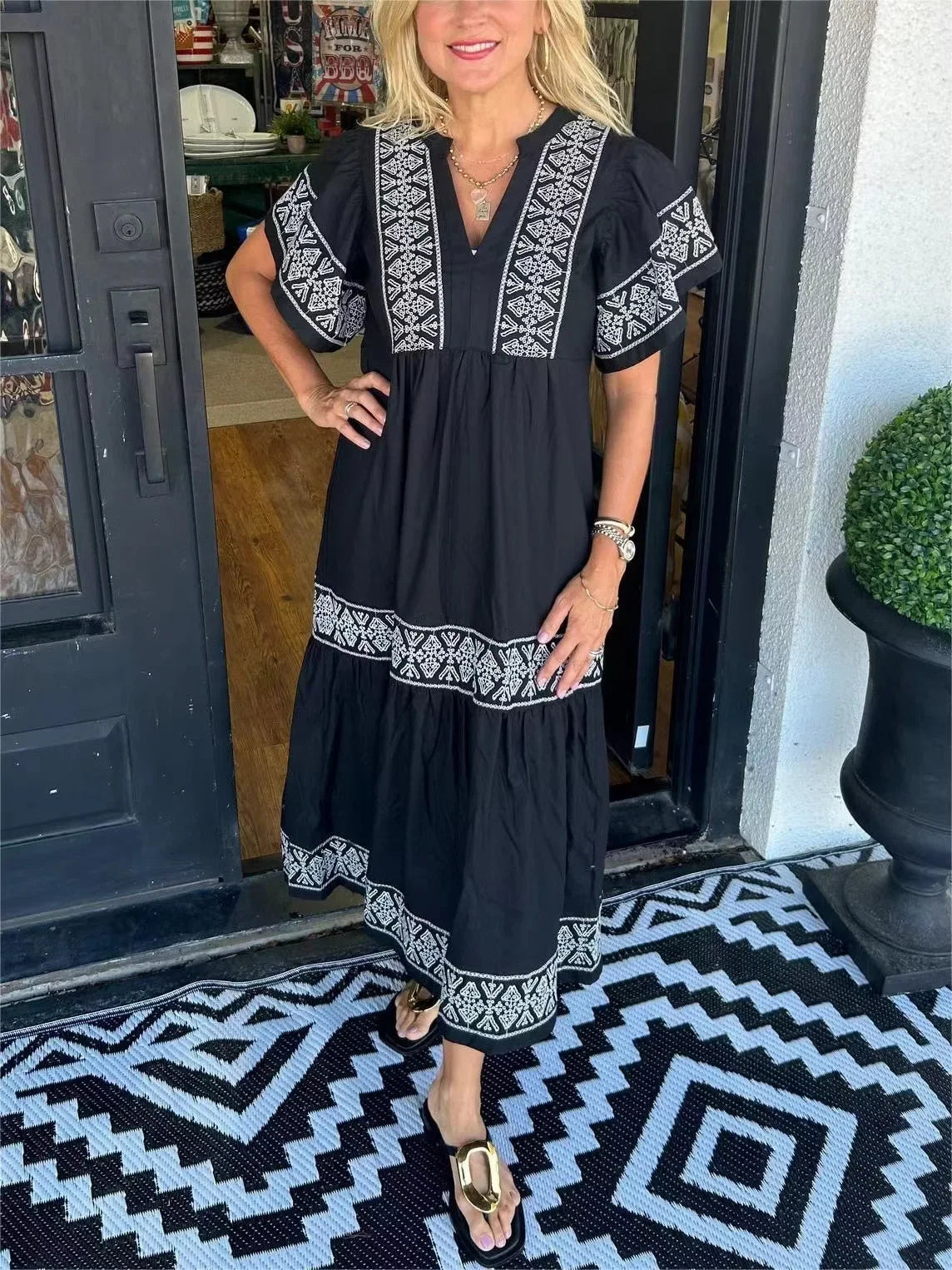 V-Neck Boho Maxi Robe