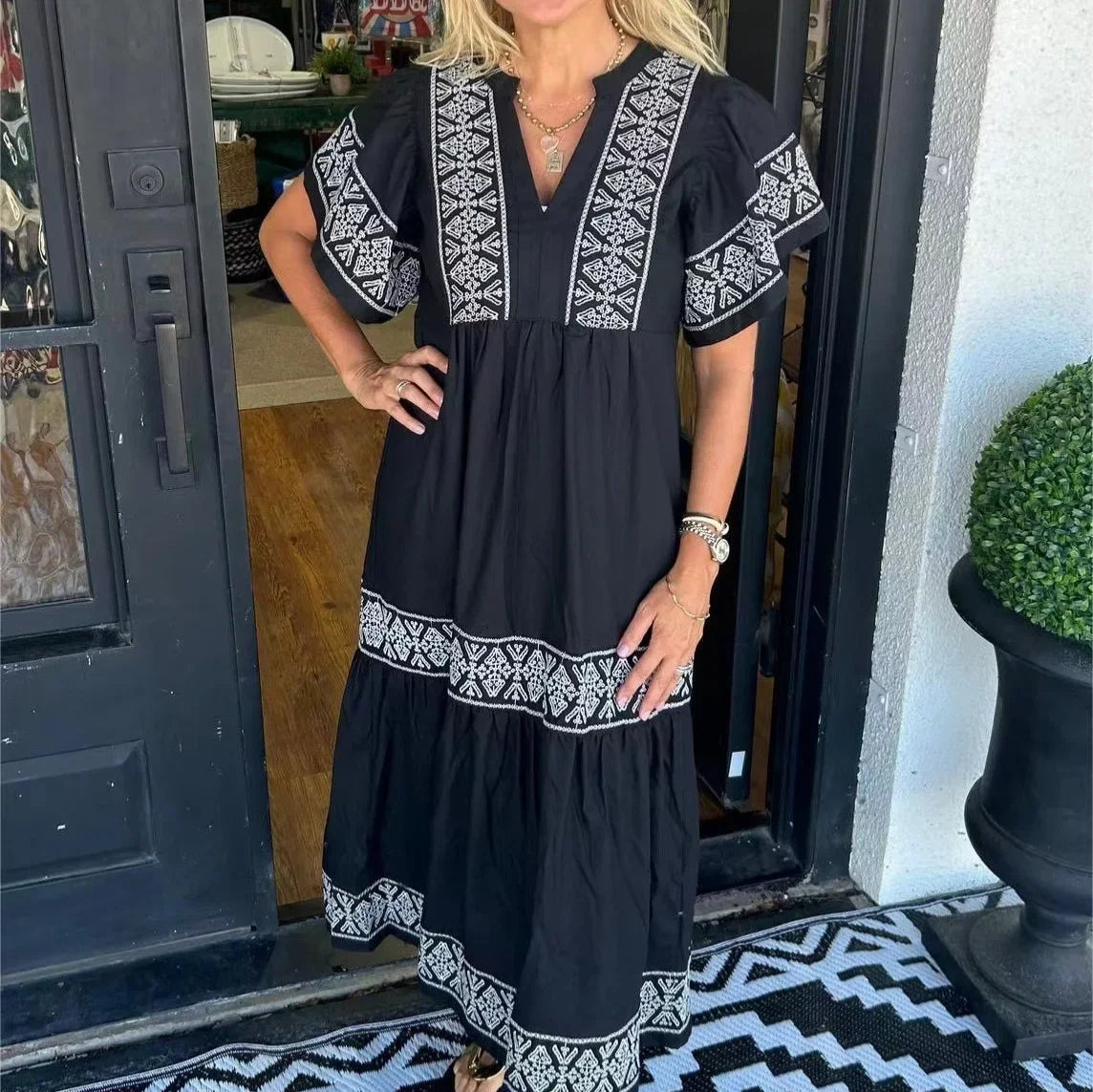 V-Neck Boho Maxi Robe